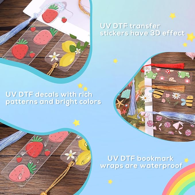 Luvsweeets Fruit UV DTF Bookmark Wraps - 16 Sheets Cute UV DTF Decals for Acrylic Bookmarks Ghost Butterfly Strawberry Flower UVDTF Decals DIY Blank Bookmarks Rub on Transfers Stickers for Book Lover