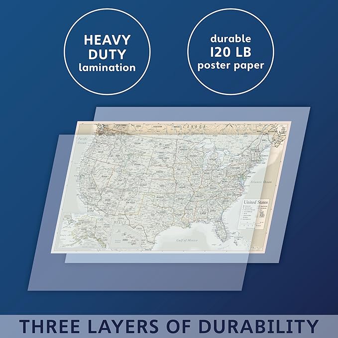 Antique Laminated World Map & US Map Poster Set - 18" x 29" - Wall Chart Maps of the World & United States - Made in the USA - (LAMINATED, 18" x 29")
