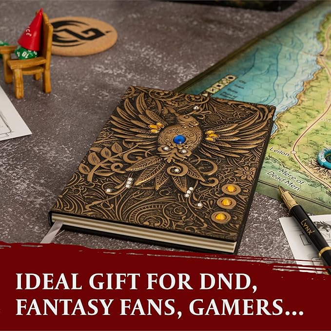 DND Notebook / Journal, Unique 200 Page Book with 3D Bronze Dragon Embossed Faux Leather Cover with Pen- Ideal for Dungeons & Dragons / D&D. Great RPG Accessories Gift for DM's & Players, Men or Women