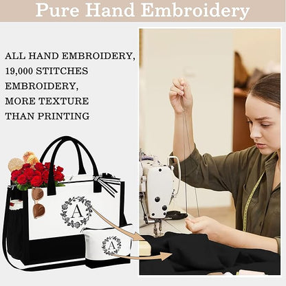 YOOLIFE Personalized Gifts for Women, Initial Canvas Tote Bag for Women Beach Bag Unique Best Friend Mom Gifts From Daughter Teacher Sister Wife Wedding Gifts Birthday Gifts Graduation Gift for Her L