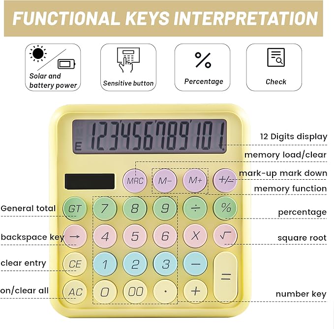 Golcellia Calculators Desktop, Yellow Mechanical Calculator, Cute Calculator 12 Digit Desk Basic Calculator Large Display, Dual Power Solar Battery, Office Home School Supplies for Adults & Students