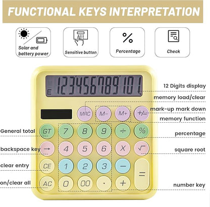 Golcellia Calculators Desktop, Yellow Mechanical Calculator, Cute Calculator 12 Digit Desk Basic Calculator Large Display, Dual Power Solar Battery, Office Home School Supplies for Adults & Students