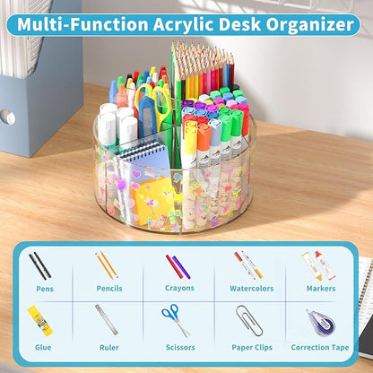 Acrylic Pen Holder with 2 Adhesive DIY Stickers, Desk Organizer Marker Holder with Cute Sticker, 360 Degree Office Supply Organizer Clear Pencil Holder Kid Art Supply Storage Organizer 6 Compartments