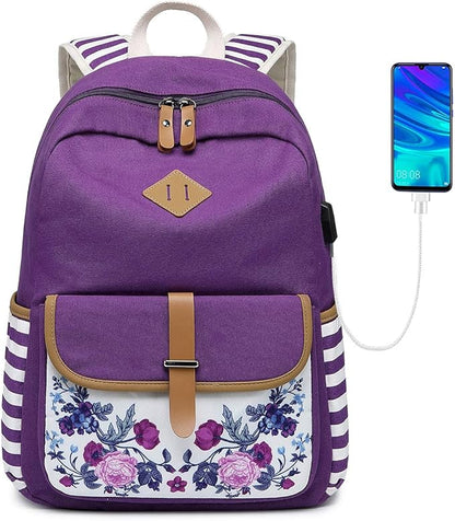Goldwheat Girls Backpack Canvas Schoolbag Bookbag Laptop Bag Rucksack with USB Charging Port