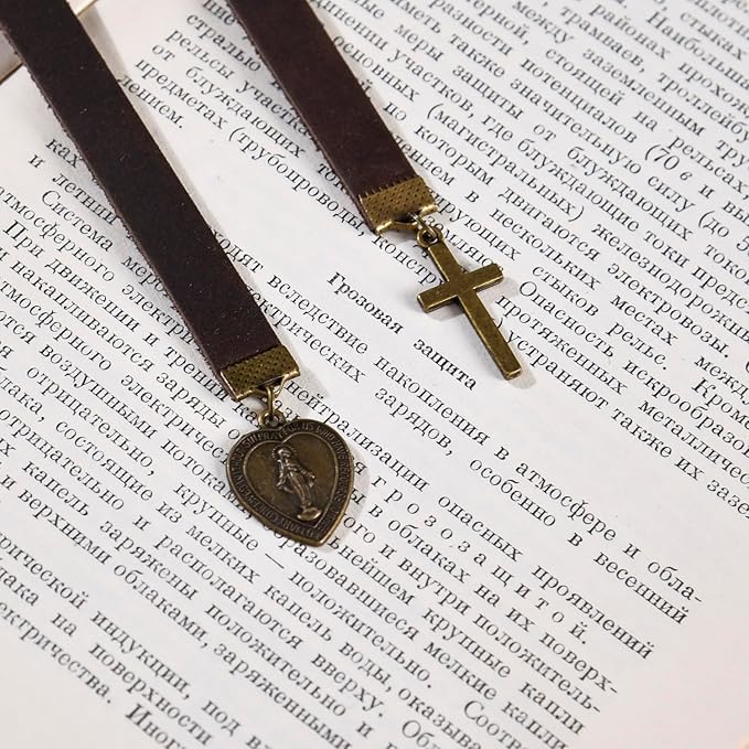 Bookmark, Handmade Catholic Prayer Bookmarks with Long Leather Strap, Heart-Shaped Virgin Mary Book Mark, Ideal Christian Gift (Style 2)