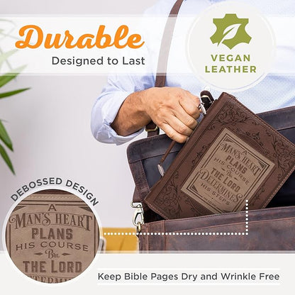 Christian Art Gifts Brown Faux Leather Classic Bible Cover A Man’s Heart - Proverbs 16:9 Bible Case Book Cover for Men or Women XL