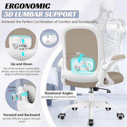 Office Chair Ergonomic Desk Chair with Adjustable 3D Lumbar Support and Height, Comfy Mesh Computer Chair with Flip-up Armrests, Swivel Rolling Task Chair with Wheels for Home Office (Khaki)