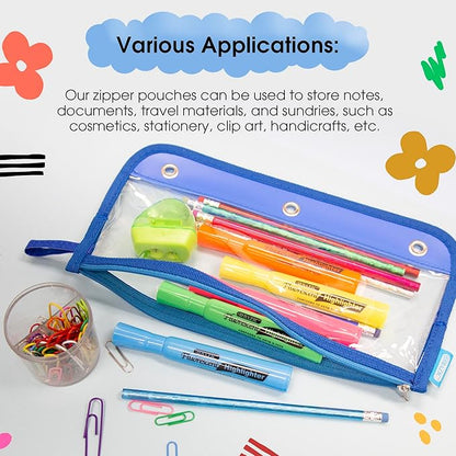 BAZIC Pencil Pouch 3 Ring Binder Pouch w/Rivet Enforced Rings Holes, 11.5"x6.5" Clear Color, Zipper Pouches Case Cosmetic Bag, 24-Pack