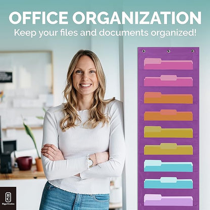 Hippo Creation Heavy Duty Storage Pocket Chart for Classroom, 10 Pocket Storage Organizer with 3 Over-Door Hangers, Hanging Wall Organizer for File Folders, School Mailbox, Home Office Papers - Purple