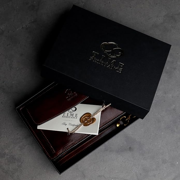 Time Resistance Leather Clutch for Men Organizer Wrist Bag Briefcase Handmade in Italy Gift Box Included