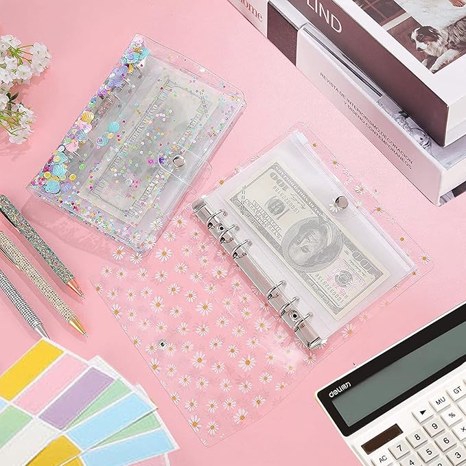 35 Pieces A6 Binder PVC Cover with 10 Clear Binder Pockets, Waterproof 6-Ring Budget Binder Envelopes System Budget Planner Organizer, Budget Sheets & Card Bags & Papers & Label for Cash Envelopes