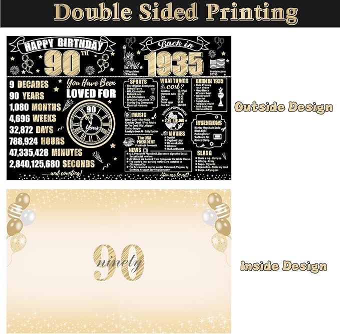 Large 90th Birthday Card With Envelope for Men Women, 1935 Black Gold Happy 90th Birthday Giant Guest Signature Book Gifts, Big Vintage 1935 90th Greeting Card Decoration Party Supplies