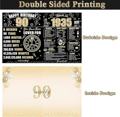 Large 90th Birthday Card With Envelope for Men Women, 1935 Black Gold Happy 90th Birthday Giant Guest Signature Book Gifts, Big Vintage 1935 90th Greeting Card Decoration Party Supplies