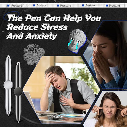 Chinco 2 Pieces Fidget Spinning Pen with LED Light Multi Functional Help Thinking Ballpoint Gift Pen for Adults Students Teenage(Gray, Silver)