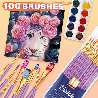 ESRICH Acrylic Paint Brushes Set, 10 Packs/ 100 Pcs Watercolor Brushes,Nylon Brush Head, for Oil Painting, Gouache, Face,Ceramics etc, Kid's and Adults Painting Arts and Crafts Paint Sets.