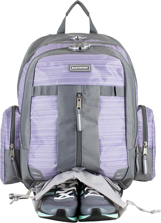 Eastsport Extra Large Backpack Expandable Oversized For Travel Hiking Work Camping Sports Outdoors With Drawstring Bag 18x13.5x9.5 Mochila De Viaje Lilac Stripes