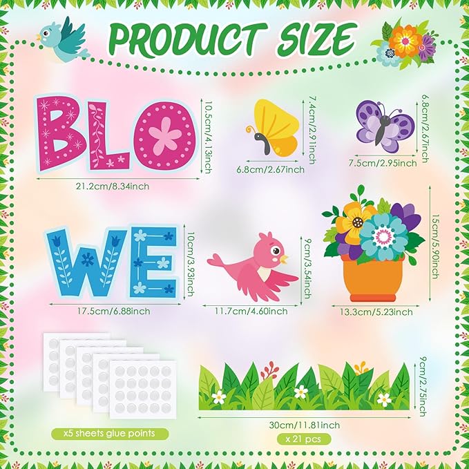 Kosiz Spring Flowerpot Bulletin Board Decorations Set We are Blooming in Spring Classroom Decorations Colorful Flower Paper Cutouts with Green Leaf Borders for School Wall Chalkboard Door Party