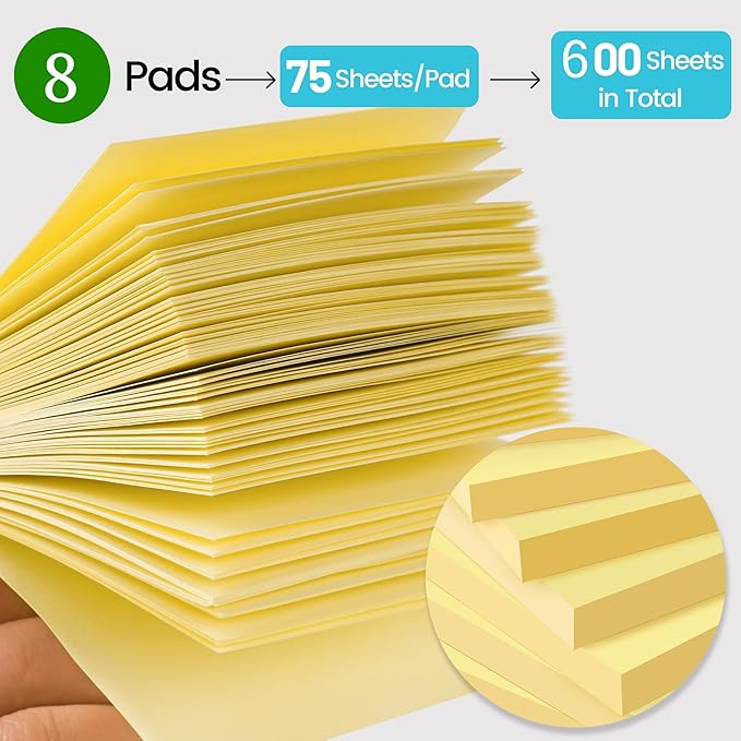 (8 Pack) Sticky Notes 3x3 in Canary Yellow, Clean Removal, Recyclable, Self-Stick Pads, Easy to Post for Home, Office, Notebook