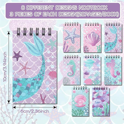 LiYiQ 148 Pcs Mermaid Mini Spiral Notepads Mermaid Pens Stickers Set for PET Birthday Classroom School Reward Gift Prizes Goodie Bags Stuffers
