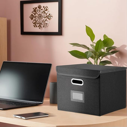 File Organizer Box with Lid, Collapsible File Folder with Plastic Slide for Office/Decor/Home, Hanging Office Document Storage, 14.9 6x 12.6 x 10.83 inch，1 pack - without folders，Black