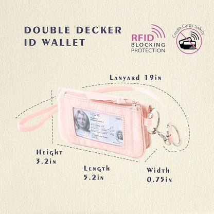 WONDERFUL FLOWER Card Holder, RFID Blocking, ID Holder with Lanyard for Women, Dual Pockets, Badge Holder, Lanyard Wallet, Fabric Keychain ID Pouch, Pink