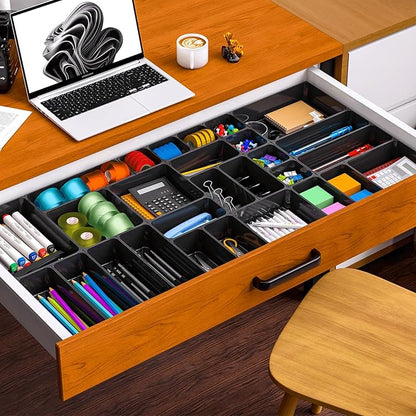 60 Pcs Plastic Drawer Organizer Set,5 Size Small Storage Containers for Organizing Jewelry,Utensil,Junk,Tea,Makeup,Shallow Drawer Organizers Tray Suitable for Office,Desk,Bathroom,Vanity,Kitchen,Black