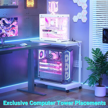 Computer Tower Stand with Power Strips, Height Adjustable PC Tower Stand/Cart with Wheels, Mobile Rolling CPU Holder, Computer Cart Side Stand for Computer Desk, 32", Carbon Fiber White