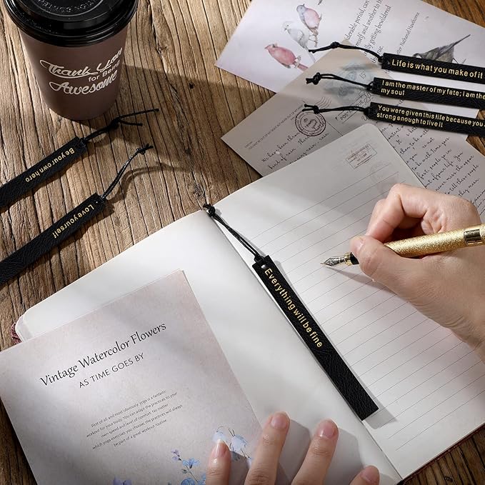 Roowest 20 Pcs Motivational Leather Bookmarks Inspirational Leather Page Markers Book Marks for Book Lovers Black Bookmark for Reading Readers Bookworm Book Lovers Writers Women Men Gift Party Favor