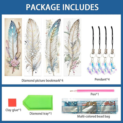 4-Piece 5D Diamond Painting Bookmarks Set, DIY Craft Kit with Rhinestones – Elegant Vintage Style Feather Design, Perfect for Book Lovers Adults, Unique Diamond Art Craft Bookmarks with Tassels