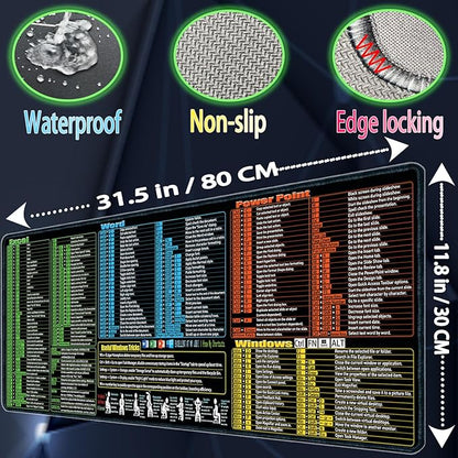 Excel/Word/Power Point/Windows Mouse pad,Non-Slip&Waterproof Large Gaming Office pc Desk mat(XL 31.5 x 11.8 in),Over 200 Keyboard Shortcuts Mousepad