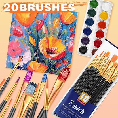 ESRICH Paint Brushes Set,2 Packs 20 Pcs Acrylic Paint Brush Set,Watercolor Oil Acrylic Nylon Hair Brushes,Artist Paintbrushes for Acrylic Oil Watercolor Painting Artist Professional Kits,Black