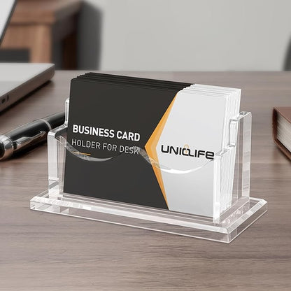 Uniclife Acrylic Business Card Holder for Desk 1 Slot Clear Horizontal Business Card Display Stand for Men and Women Desktop Name Card Organizer Card Stand for Office Home Exhibition, 60 Card Capacity