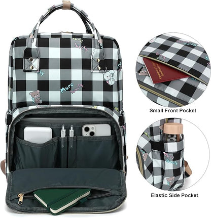 Checkered Laptop Backpack College Bookbag School Backpack for Women Girls, Travel Backpack 15.6 Inch Computer Backpacks (Bear Rabbit Black)
