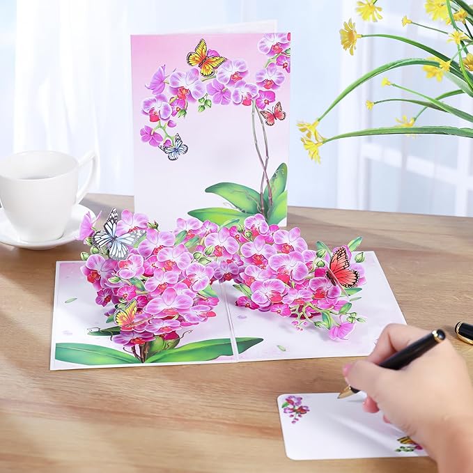Pop Up Birthday Card for Women, Wife; Butterfly on Purple Orchid Mother's Day Card, 6"x 8" Gift Cards,Thinking of You, All Occasion for Her, Mom, Sister, Grandma, Daughter, Every Orchid Lover