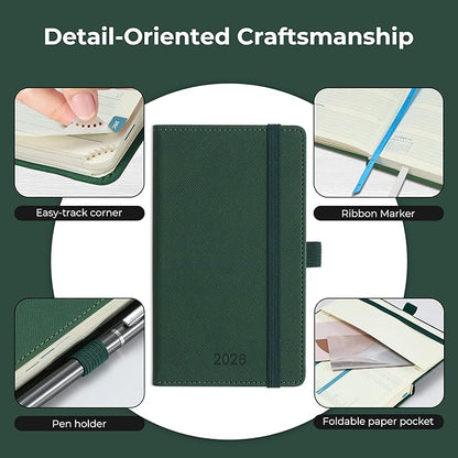 Weekly Monthly 2026 Planner (Jan.26-Dec.26),6.5"x3.75",12 Months Agenda Plan with Month Tabs & Pocket,Expenses/Note Pages, Appointment Book Calendar with Hardcover Vegan Leather Cover,Green