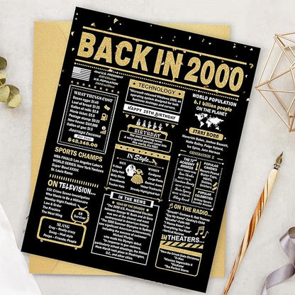 25th Birthday Card, 25th Birthday Decorations for Her Him, 25th Birthday Gifts for Daughter Son, Back in 2000 Birthday Card, Black Gold