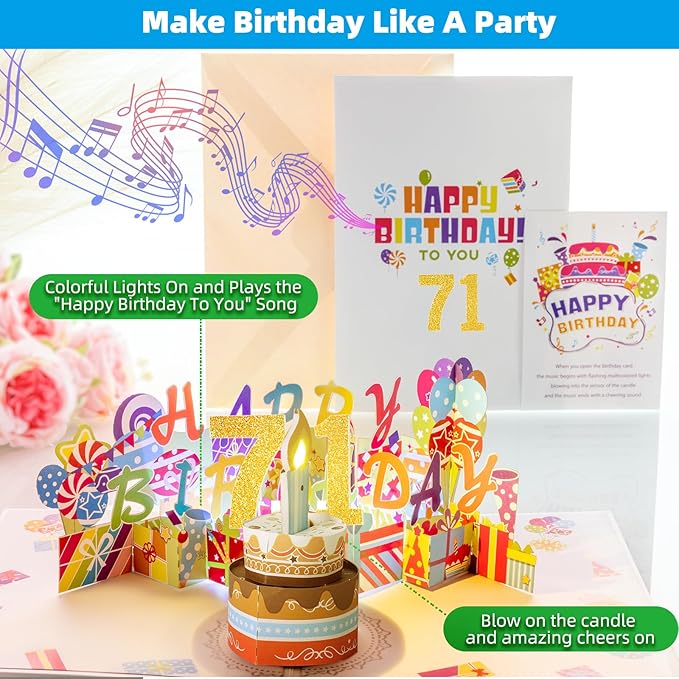 Gumry 71ST Musical Birthday PopUp Card, Blowable Colorful Light Candle 3D Cards with Song, Applause Cheers Sound, Greeting Cards Birthday Gifts Decorations for Women Men Turning 71 Years Old