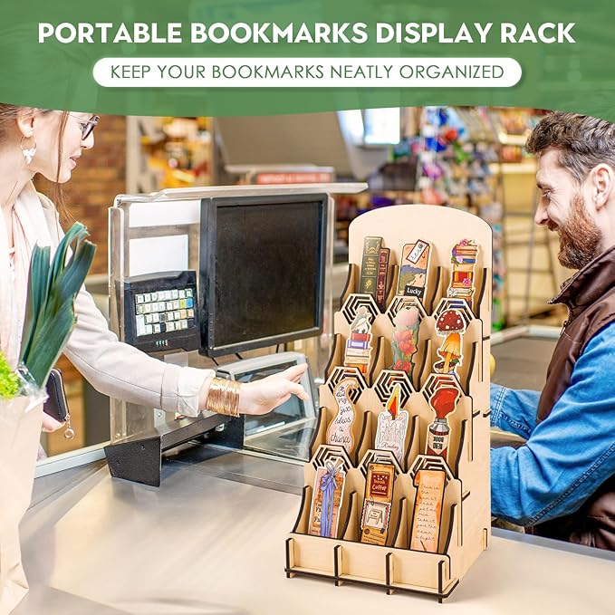 Bookmark Display Stand, Bookmark Holder Sticker Display for Anyting up to 2.4 Inches Wide, 4 Tier Wood Bookmark Stand, Portable Product Bookmark Display for Vendors, Craft Show, Retail Store
