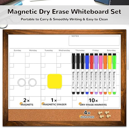Dry Erase Monthly Calendar Board for Wall, 17"x13" Hanging Board, Magnetic White Boards, Rustic Brown Wood Frame White Board Cork Board Combo, Calendar Bulletin Board for Kitchen Planner Memo Office