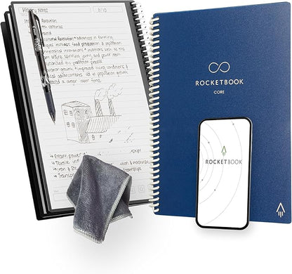 Rocketbook New Core Reusable Spiral Notebook, Letter Size 8.5x11, Navy Blue - Lined Pages, App-Connected, Erasable, Durable Cover, Ideal for School, Work, and Creative Projects