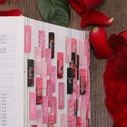 Thinkor Reposition Laminated Bible Tabs, Large Print Stickers, Easy to Read and Apply Bible Tabs for Women and Man (Pink Rose Print)
