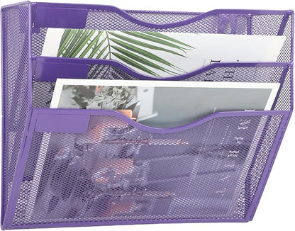 EASEPRES 3 Pocket Mesh Hanging Wall File Organizer, Wall Mounted Mail Paper Document Folder Holder, Clipboard Storage Organization Magazine Rack with Nametag Label for Office School Home, Purple
