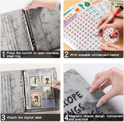 100 Envelopes Challenge Binder Savings Challenges Book, A5 Money Saving Planner Cash Envelope Budget Binder with Erasable Pen, Easy and Fun Way to Save $5,050, 10,000 and $500 (Marble Gray)
