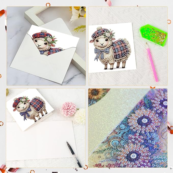 6pcs Diamond Art Painting Kit Greeting Card, Hat Goat 5D DIY Diamond Handmade Holiday Glitter Greeting Card with Envelope, Holiday Gift Congratulation