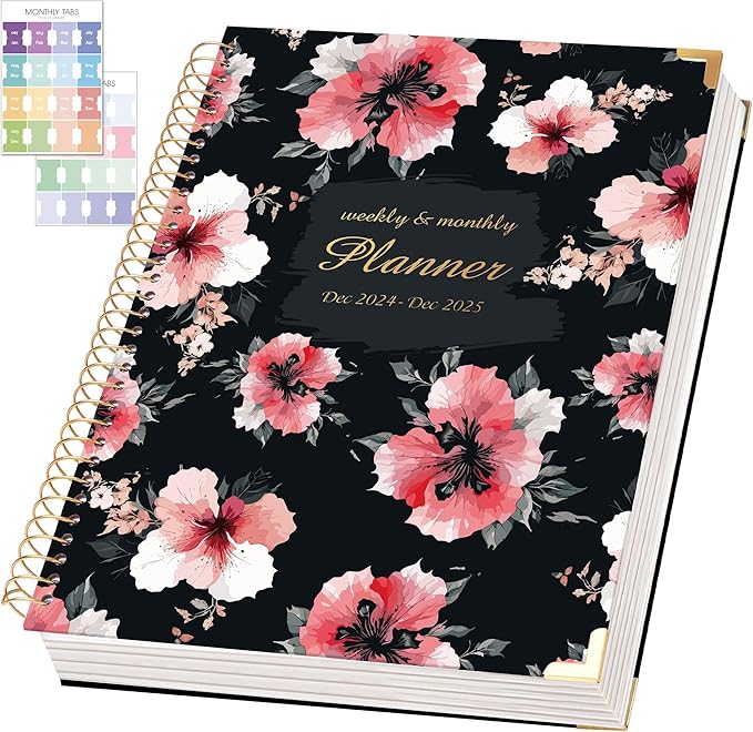 Yoment 2025 Planner Weekly and Monthly 8.5"x11" Hardcover 2025 Planner Dec 2024-Dec 2025 with 13 Month Tabs，Spiral Bound 2025 Calendar Monthly Planner for Women with Stickers Yearly Agenda，Black