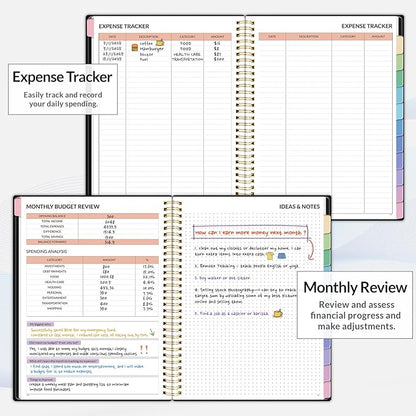 SUNEE Budget Planner - Monthly Budget Book with Expense Tracker Notebook, A4(8.5" x 11") Undated 12 Month Bill Organizer & Finance Planner to Manage Your Money, Account Book with Colorful Tab, Black