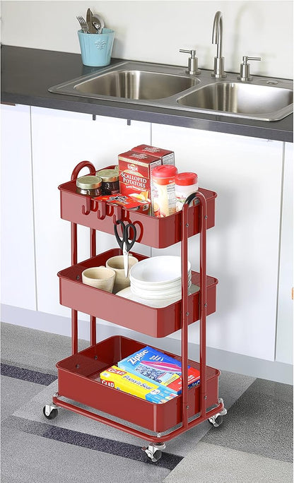 Simple Houseware Heavy Duty 3-Tier Metal Utility Rolling Cart, Red