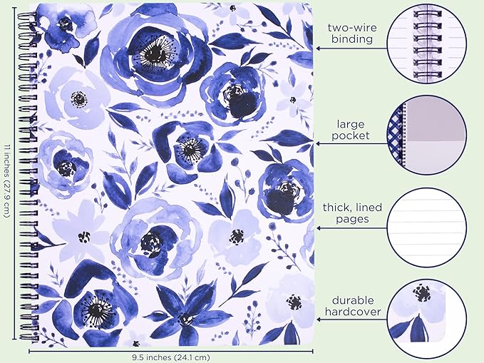 Steel Mill & Co Cute Large Spiral Notebook College Ruled, 11" x 9.5" with Durable Hardcover and 160 Lined Pages, Watercolor Floral (White)