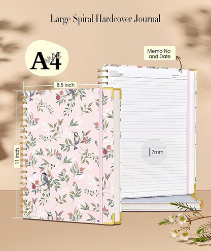 Cute Spiral Notebook Journal for Women, 200 Pages Lined Notebooks 8.5” x 11”, A4 Large Hardcover Spiral Journals with 100 GSM Thick Paper, College Ruled Notebook for Writing Work School, Woodland Floral