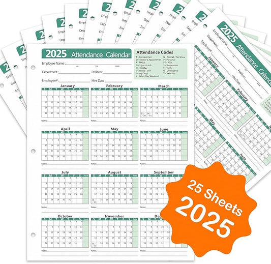 2025 Attendance Calendar (Pack of 25 Sheets) Employee Work Tracker Attendance Calendar Cards - Each sheet 8.5 X 11 100lb CardStock paper Material Make (25 sheets -Green)